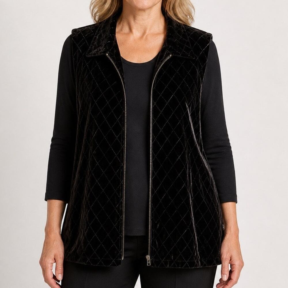 Chicos 3 Silk Velvet Quilted Zip Vest XL Black Luxe Topper Jacket